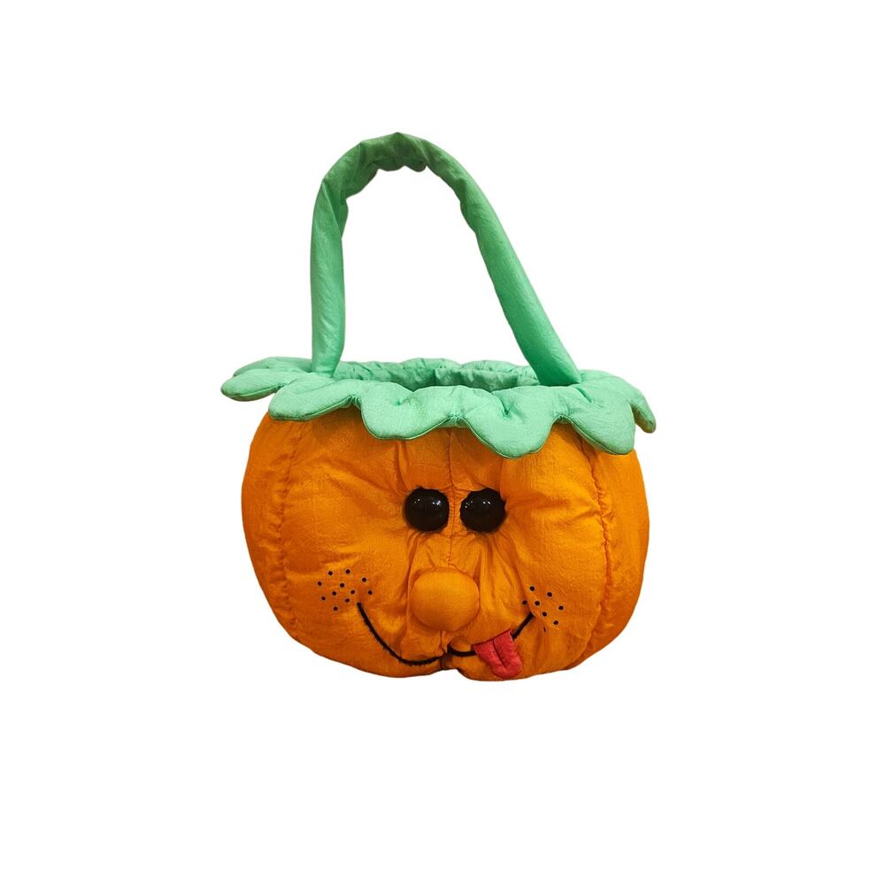 Vintage Pumpkin Pail Basket Plush Nylon Joelson‎ industries 1993 Halloween Decor